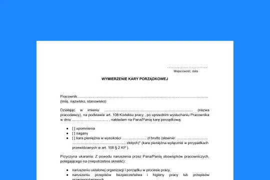 Dokument "Wymierzenie kary porządkowej" zawiera opcje nałożenia upomnienia, nagany lub kary pieniężnej na pracownika.