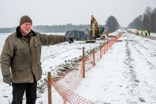 Mężczyzna wskazuje na plac budowy drogi. W tle koparka i pracownicy. Zima i specustawa drogowa utrudniają prace.
