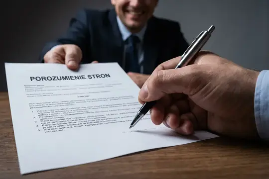 Podpisanie porozumienia stron, czyli formalne podanie o rozwiązanie umowy o pracę. Ręka z długopisem składa podpis.