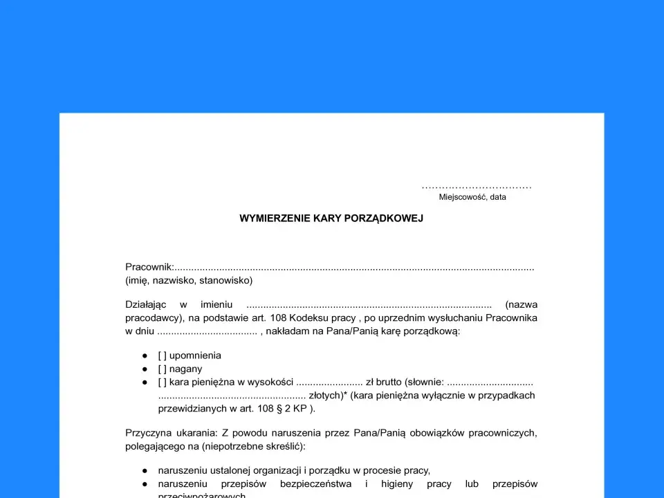 Dokument "Wymierzenie kary porządkowej" zawiera opcje nałożenia upomnienia, nagany lub kary pieniężnej na pracownika.